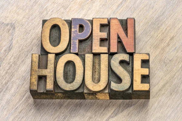 Open house word abstract in wood type — Stock Photo, Image