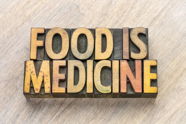 Élelmiszer gyógyszer szöveg fa típusú — Stock Fotó