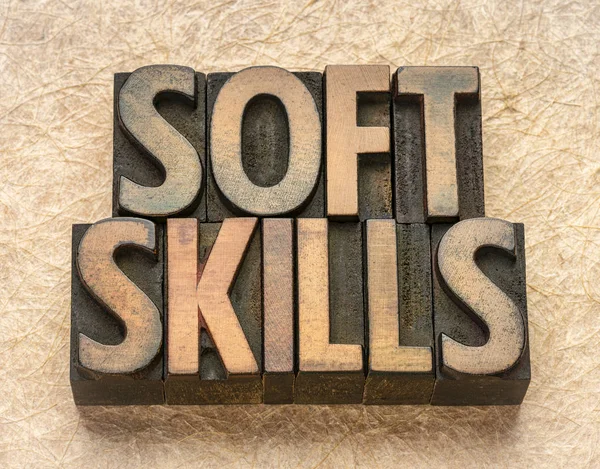 soft skills word abstract in wood type