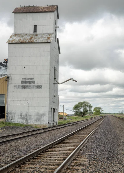 Eisenbahn und alter Getreideaufzug — Stockfoto