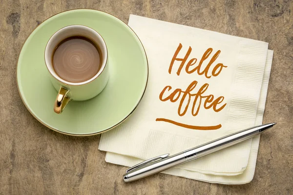 Hello coffee handwriting on a napkin — Stock Photo, Image