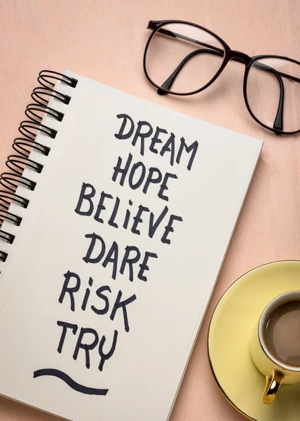 Dream, hope, believe, dare, risk, and try — Stock Photo, Image