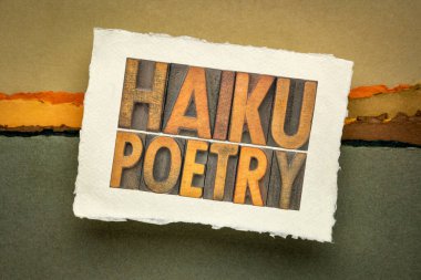 Japon şiirinin çok kısa bir biçimi olan haiku şiiri, soyut manzaraya karşı eskiz kitabında soyutlanmış, klasik harf baskı tahtası şeklinde soyutlanmış bir kelimedir.
