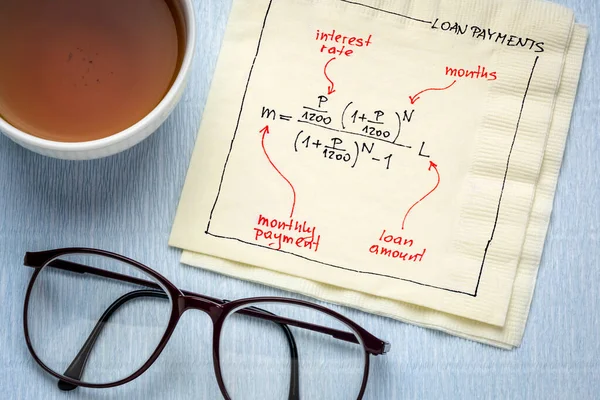 Equação Pagamento Empréstimo Esboçado Guardanapo Com Uma Xícara Chá Negócio — Fotografia de Stock