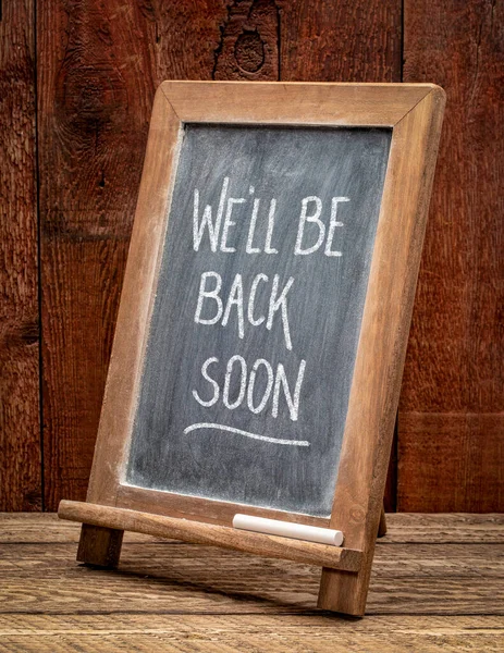 Back Soon White Chalk Handwriting Blackboard Business Reopening Coronavirus Pandemic — Stock Photo, Image