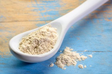 Beyaz çay kaşığı Ashwagandha kökü (diğer adıyla Hint ginsengi) tozu, sağlıklı süper yiyecek takviyesi