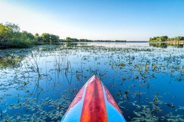 Durgun bir göl, kürek çekme tahtasının üzerinde ayağa kalk. Kuzey Colorado 'daki Boyd Lake State Park' ta yaz manzarası.
