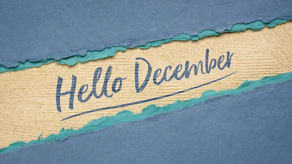 Hello December Welcome Note Handwriting Handmade Rag Paper Calendar Greeting — Stock Photo, Image