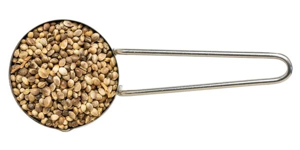 Hemp Seeds Metal Measuring Scoop Isolated White Top View — Stock Photo, Image