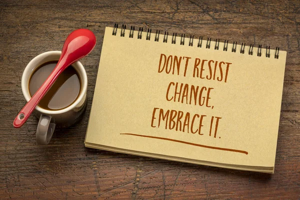 Resist Change Embrace Motivational Phrase Spiral Sketchbook Cup Coffee Business — Stock Photo, Image