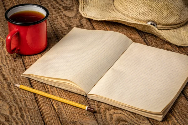 Old Blank Notebook Travel Journal Opened Rustic Wood Picnic Table — Stock Photo, Image