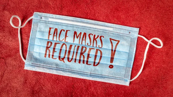 face masks required - text on a disposable mask against red textured paper, business sign during the coronavirus covid-19 pandemic and social distancing