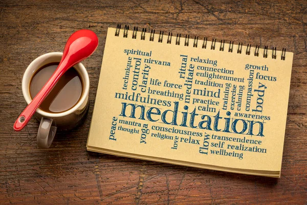 Meditation Word Cloud Spiral Sketchbook Cup Coffee Self Awareness Mindfulness — Stock Photo, Image