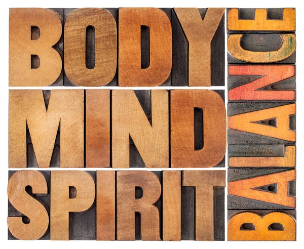 Body Mind Spirit Balance Collage Isolated Text Vintage Wood Letterpress — Stock Photo, Image