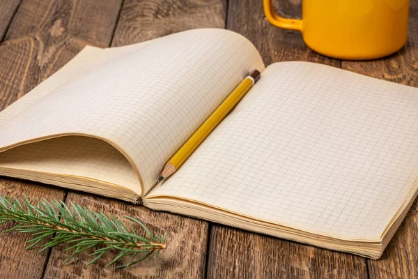 Old Blank Notebook Travel Journal Opened Rustic Wood — Stock Photo, Image