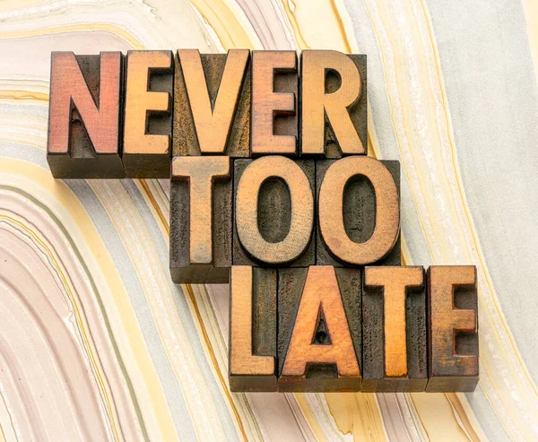 Never Too Late Word Abstract Vintage Letterpress Wood Type Printing — Stock Photo, Image