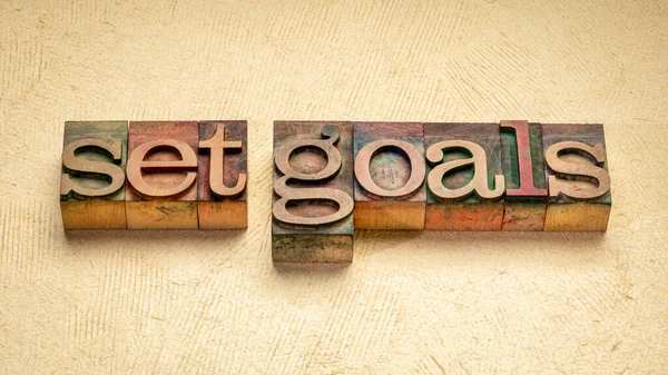 Set Goals Word Abstract Vintage Letterpress Wood Type Stained Color — Stock Photo, Image