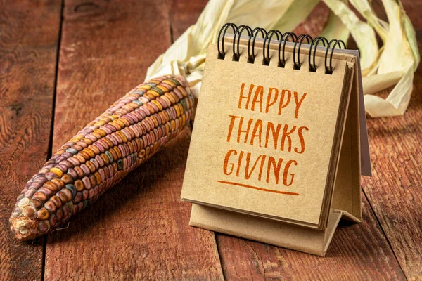 Grattis Thanksgiving Kort Handstil Spiral Anteckningsbok Med Dekorativ Majs Rustik — Stockfoto
