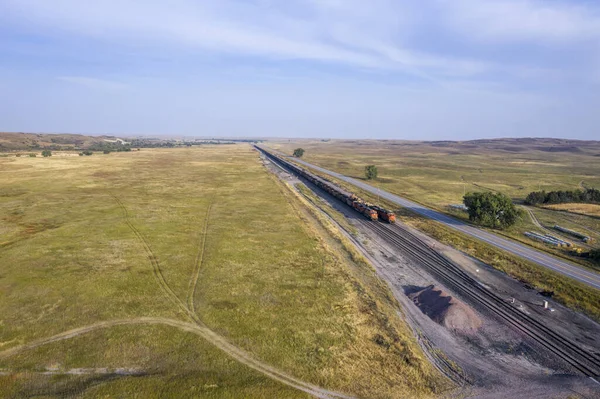 Trains Marchandises Sur Route Charbon Dans Nebraska Collines Sable Long — Photo