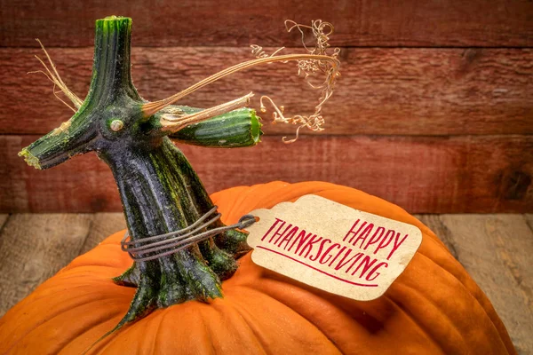 Pompoen Met Een Happy Thanksgiving Papieren Prijskaartje Tegen Rustiek Schuurhout — Stockfoto