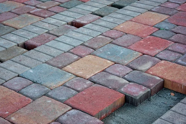 Construction Brick Paved Sidewalk Half Built Pavement Road — Stock Photo, Image