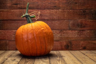 Hava durumuna karşı balkabağı, fotokopi alanı olan kırmızı ahşap ahşap, sonbahar tatili konsepti veya tebrik kartı