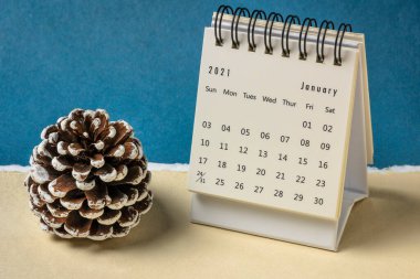Ocak 2021 - Dekoratif buzlu kozalaklı el yapımı kağıt, sezon, zaman ve iş konseptine karşı spiral masaüstü takvimi