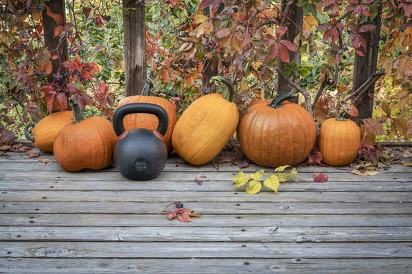 Heavy Iron Kettlebell Crop Pumpkins Wooden Deck Fall Holidays Fitness — Stock Photo, Image