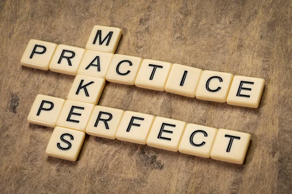 Practice Makes Perfect Crossword Ivory Letters Textured Bark Paper Education — Stock Photo, Image