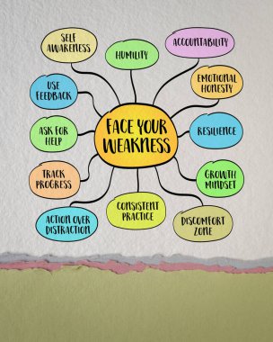 Zayıflığınla yüzleş. İçindeki büyümeye ihtiyacı olan alanları görmezden gelmek ya da görmezden gelmek yerine tanımak. Bilgi grafikleri zihin haritası.