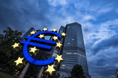 Frankfurt, Germany - August 14, 2017: giant sculpture of the euro symbol, the european currency, located in the center of the city clipart