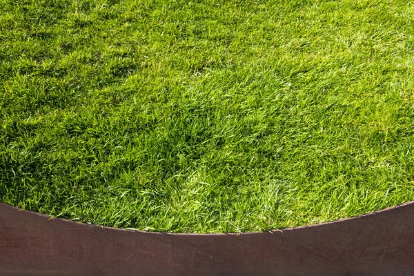 以绿草背景为小弯曲壁的生锈金属形成的背景 — 图库照片