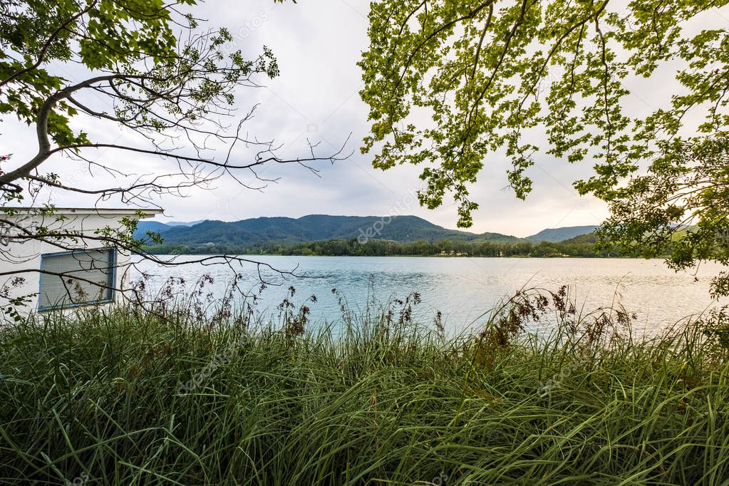 Landscape of Lake Banolas (Banyoles in the Catalan language) in the province of Gerona in the autonomous community of Catalonia in Spain Europe