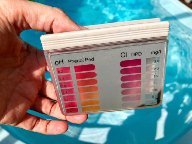 checking pH level in blue outdoor pool clipart