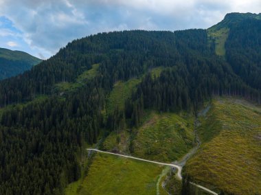 Avusturya 'nın Alpler bölgesindeki Hinterglemm kayak bölgesindeki dağlarda güneşli bir yaz gününde hava manzarası