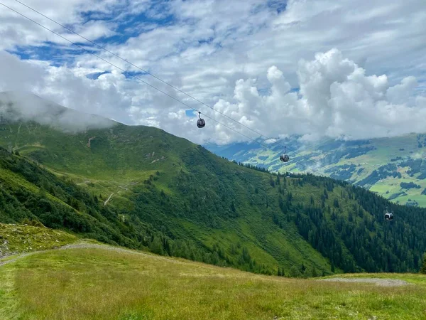 Vue vers les montagnes à Saalbach-Hinterglemm domaine skiable en Autriche par une belle journée d'été avec téléphérique et prairies luxuriantes utilisées par les vaches pour le pâturage — Photo