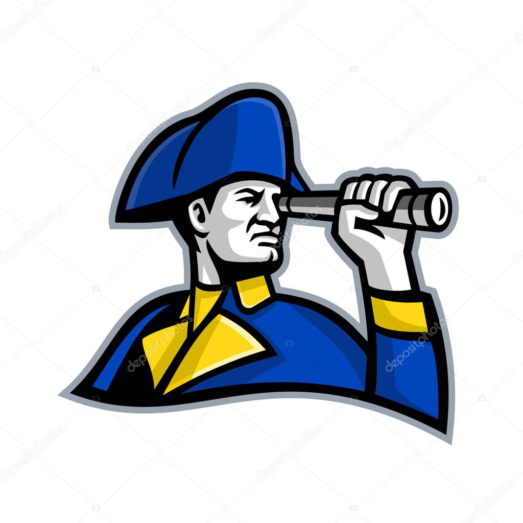 Mascot icon illustration of head of a British admiral of the fleet looking thru a telescope viewed from side on isolated background in retro style.