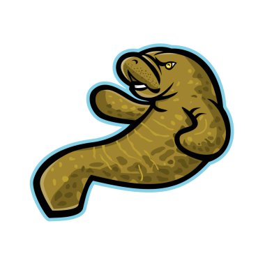 Mascot icon illustration of an angry manatee, dugong or sea cow, a large, fully aquatic, mostly herbivorous marine mammal viewed from side on isolated background in retro style. clipart
