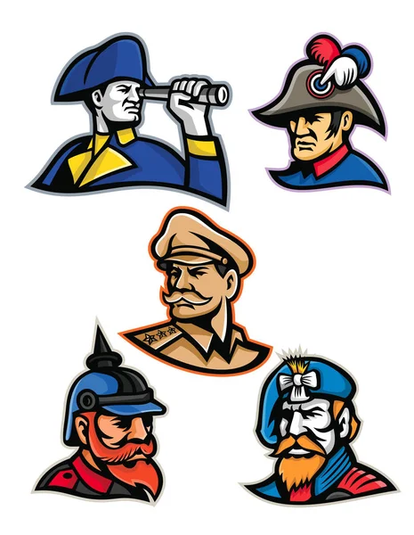 Conjunto Ilustraciones Iconos Mascotas Jefes Oficiales Militares Emperadores Como Almirante — Vector de stock