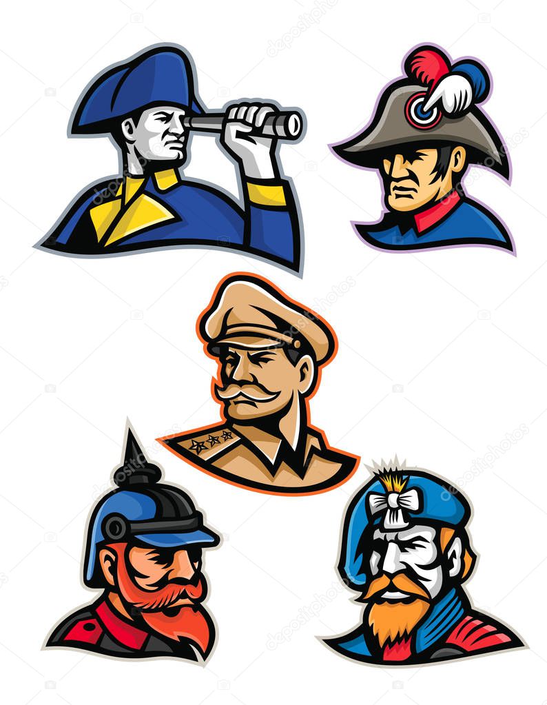 Mascot icon illustration set of heads of military officers and emperors like the British admiral, French emperor, American general, Prussian or German officer and the Jacobite highlander  viewed from  on isolated background in retro style.