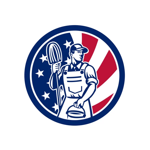 Ikona Ilustracja Stylu Retro Americanprofessional Cleaner Gospodarstwa Mopa Wiadro Usa — Wektor stockowy
