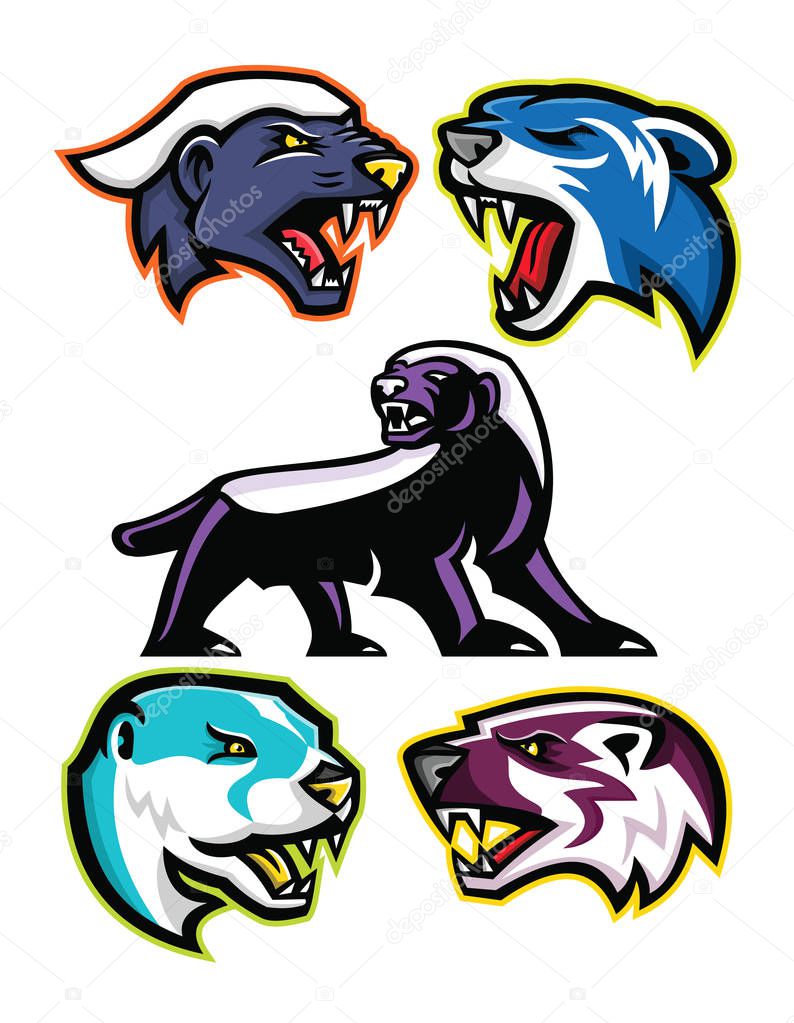 Mascot icon illustration set of fossorial carnivores like the honey badger or the ratel, polecat or weasel, the North American river otter or common otter and the American badger  viewed from side  on isolated background in retro style.