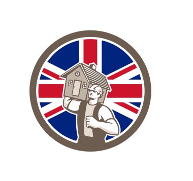 Simge retro tarzı tasarlamak bir İngiliz ev temizleme veya taşıyıcı İngiltere Birleşik Krallık, daire içinde izole arka plan ayarlamak Büyük Britanya'nın Birliği Jack bayrağı olan bir ev taşıma.