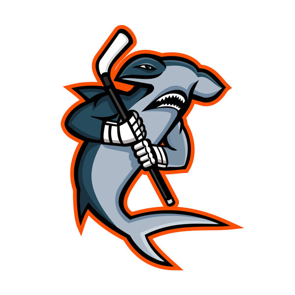 Mascot icon illustration of a hammerhead shark who is a ice hockey player wielding a hockey stick viewed from side on isolated background in retro style.