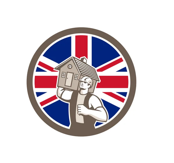 Иконка Стиле Ретро Изображением Британского Дома Мовера Несущего Дом Флагом — стоковый вектор