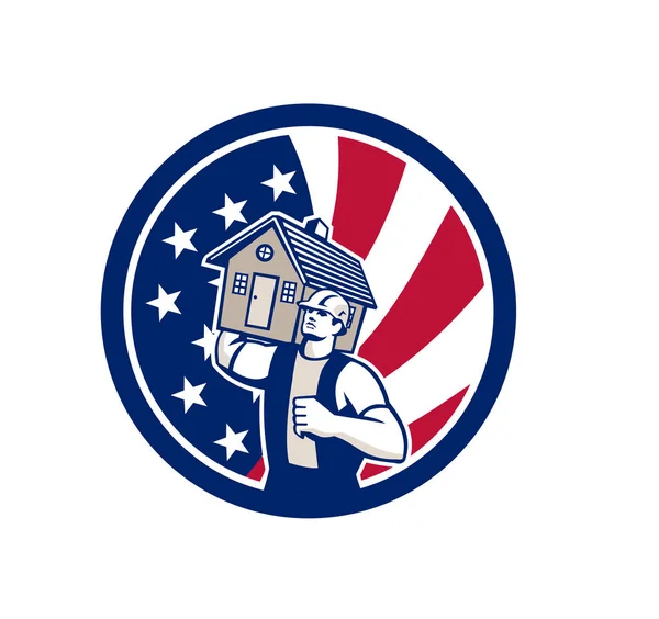 バナーや星 アメリカの家の削除またはアメリカ合衆国アメリカの星家を運ぶ Mover アイコン レトロなスタイルのイラストがちりばめられた 内側のストライプ旗サークル分離の背景 — ストックベクタ