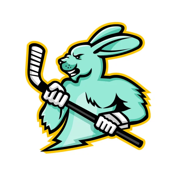 吉祥物图标图示的野兔 野兔或兔冰球球员持有冰球棍从侧面看在复古风格的孤立背景 — 图库矢量图片