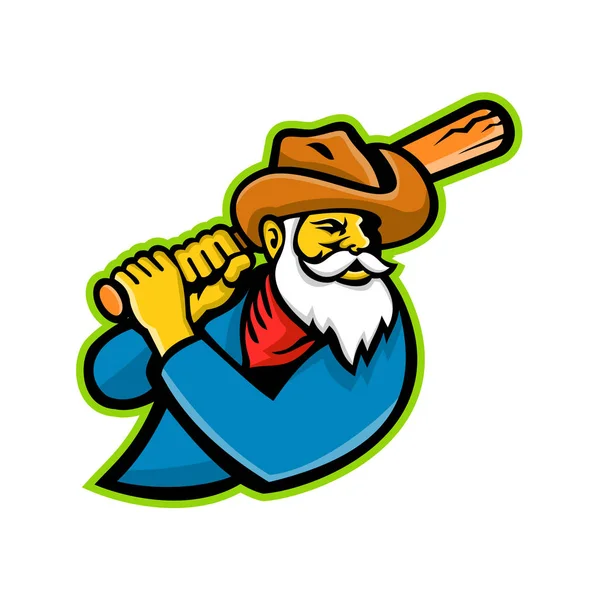 Icône Mascotte Illustration Tête Mineur Joueur Baseball Cowboy Avec Batte — Image vectorielle