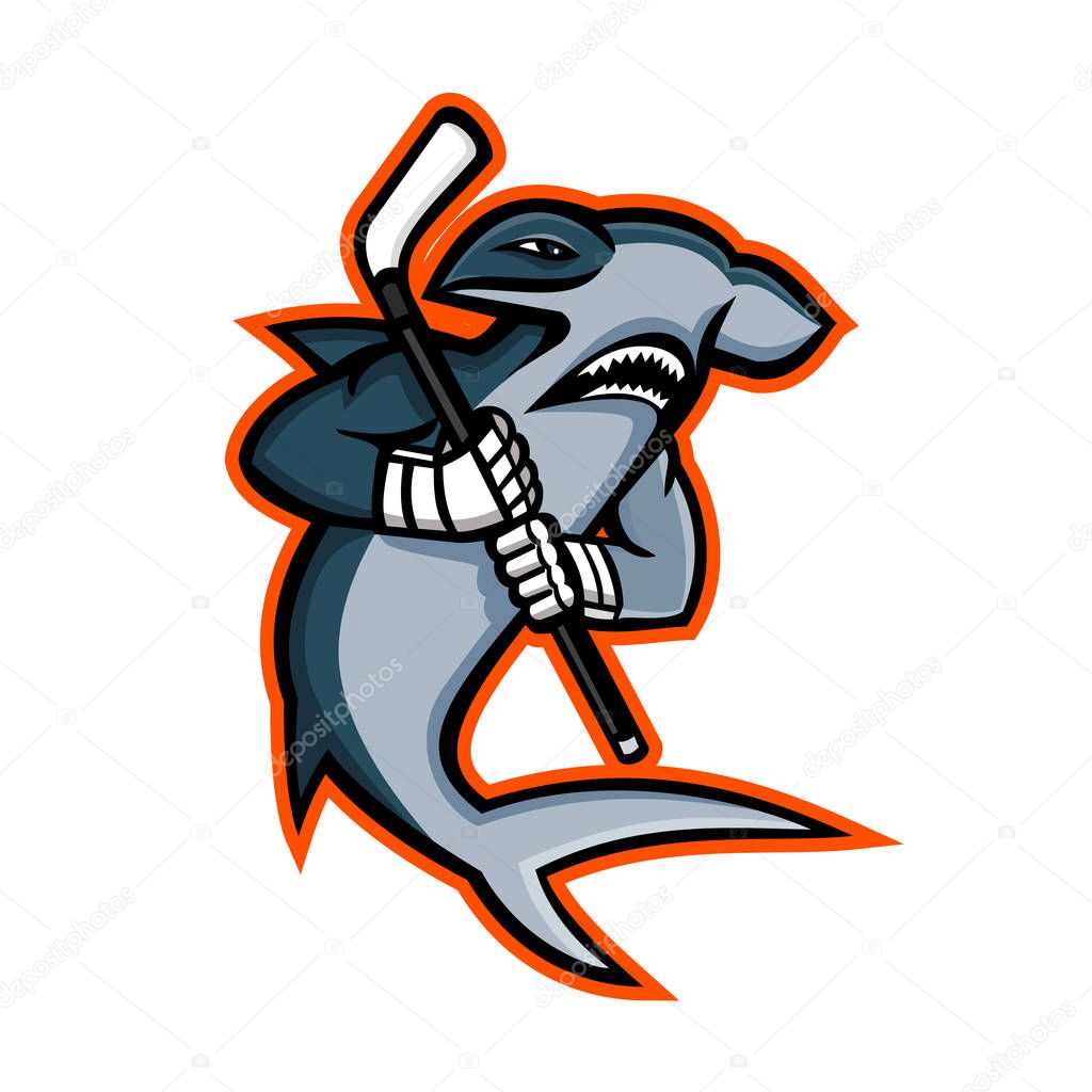 Mascot icon illustration of a hammerhead shark who is a ice hockey player wielding a hockey stick viewed from side on isolated background in retro style.