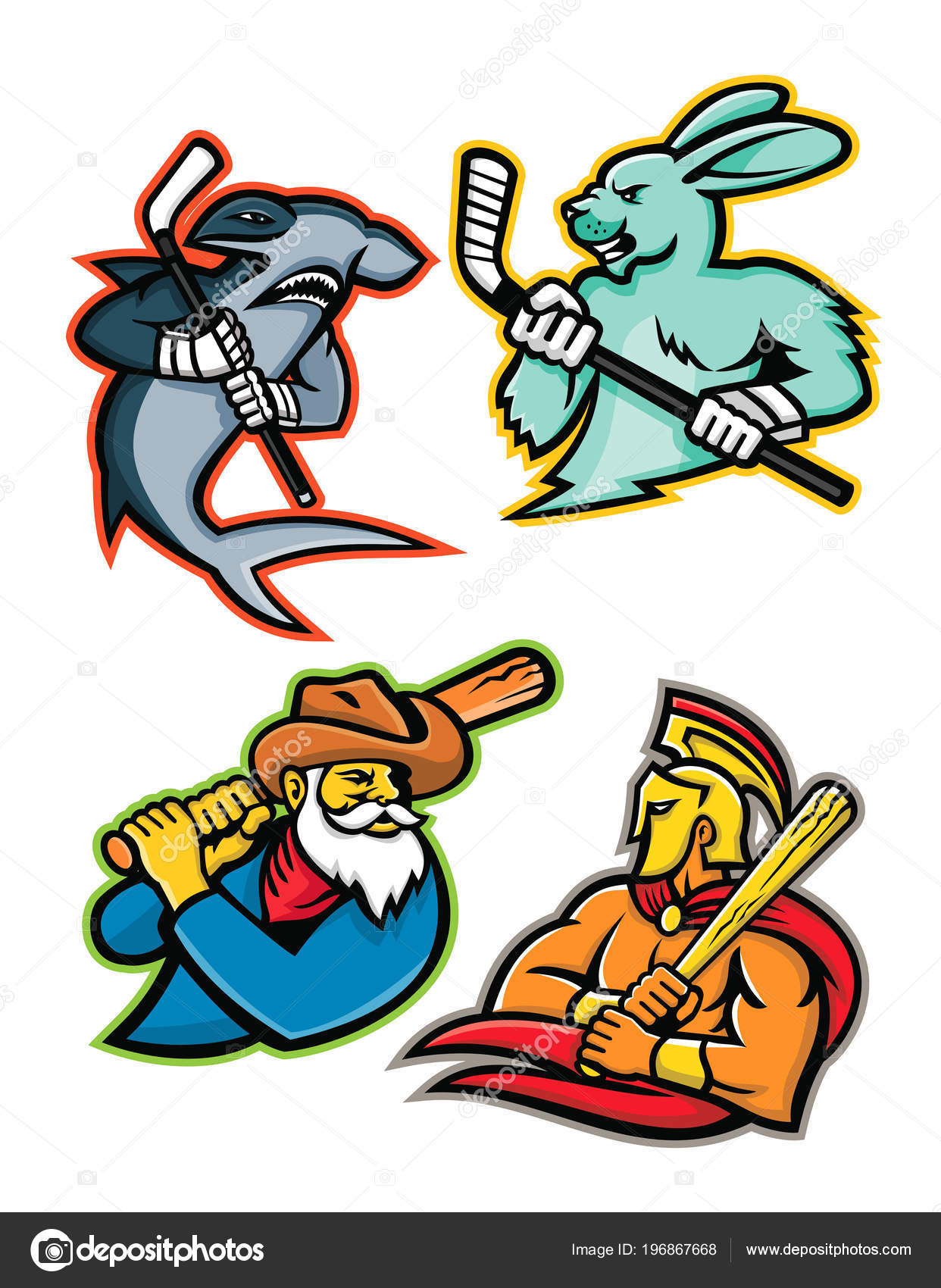 야구의 마스코트 아이콘 아이스 마스코트는 귀상어 상어와 Jackrabbit 아이스 트로이 스톡 벡터 - ©patrimonio  196867668, image size:1242x1700